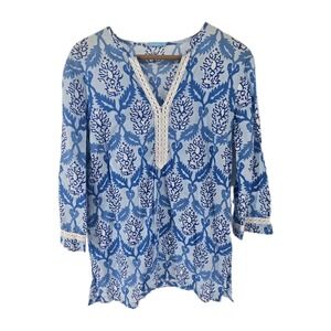 J. McLaughlin Size 12 Blue White Tapestry Coastal Cotton Top Blouse L